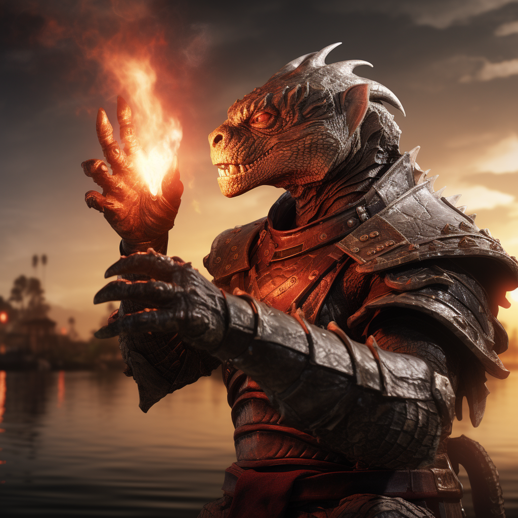 Argonian in bone armor with flaming hand