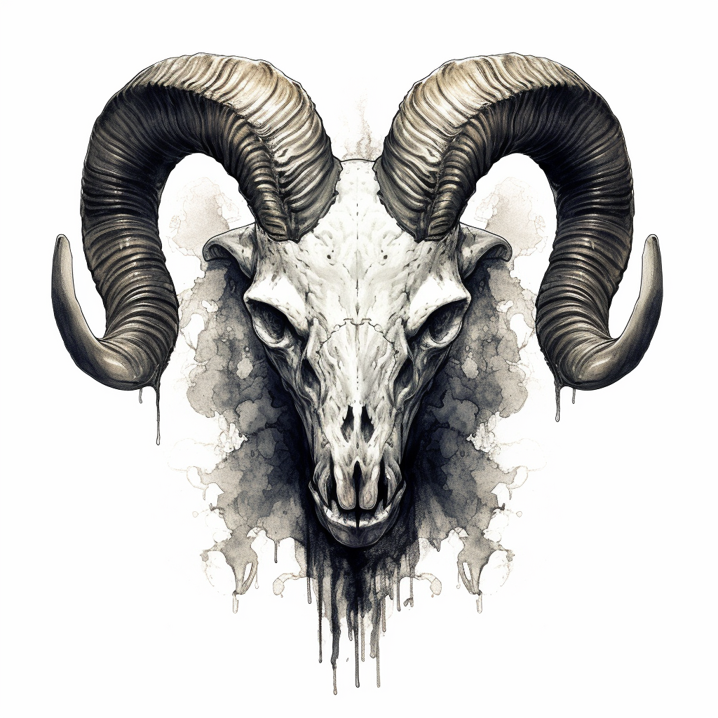 Aries skull facing in black and white