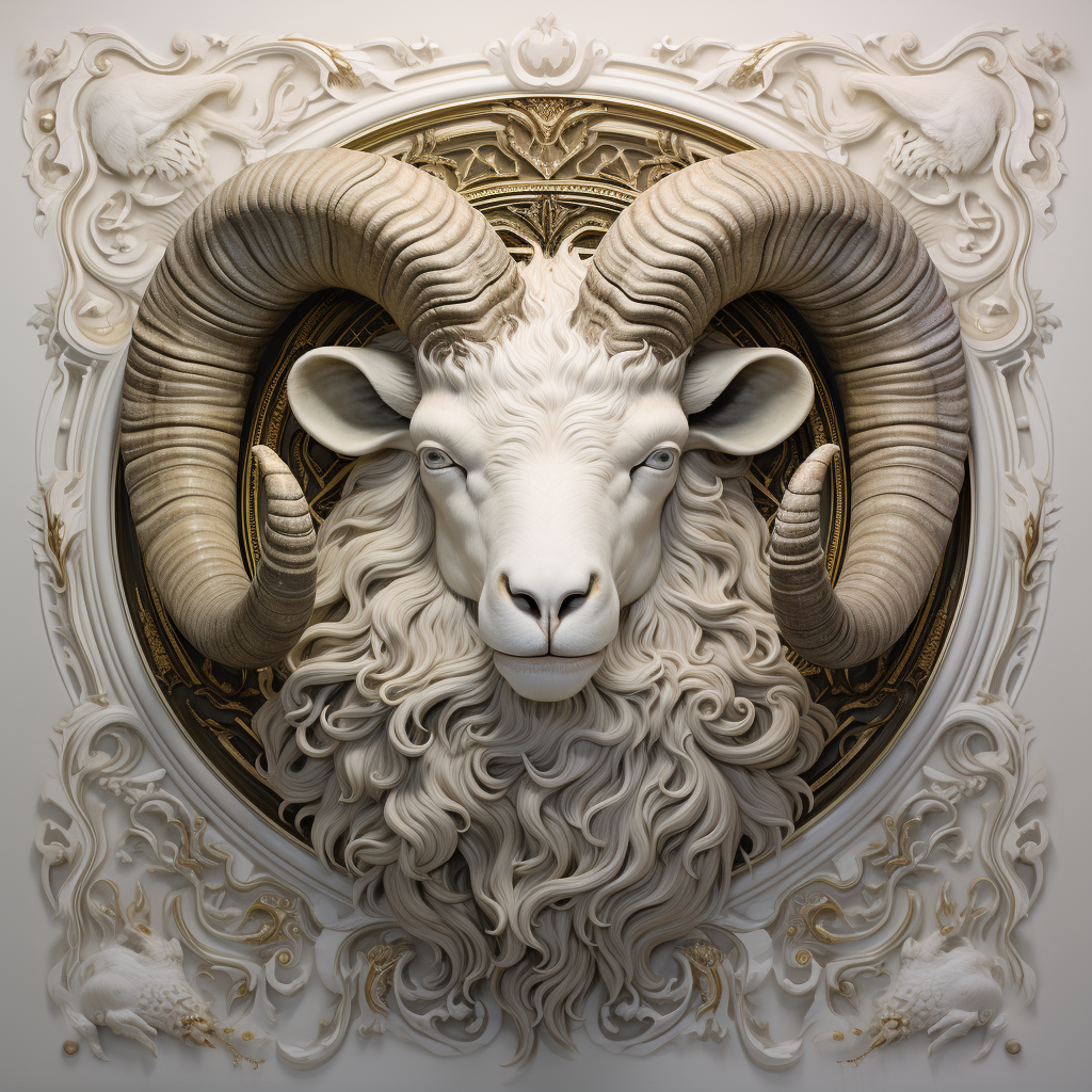 Artistic portrayal of Aries with white ram