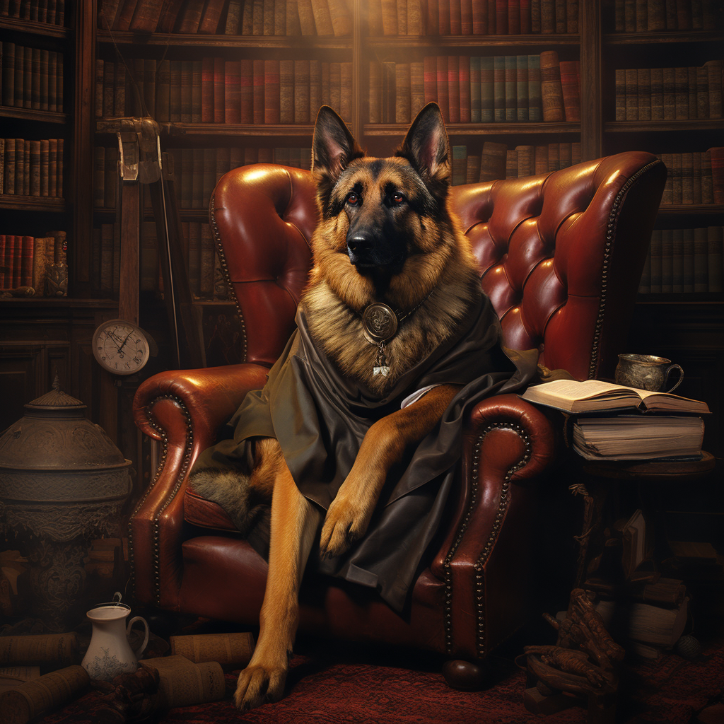 Aristocrat German Shepherd humanoid sitting on velvet armchair