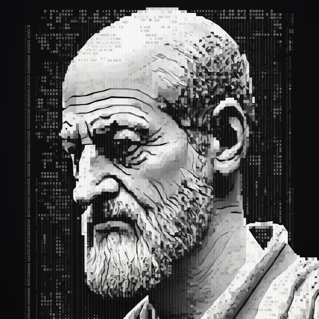 Aristotle headshot in binary code