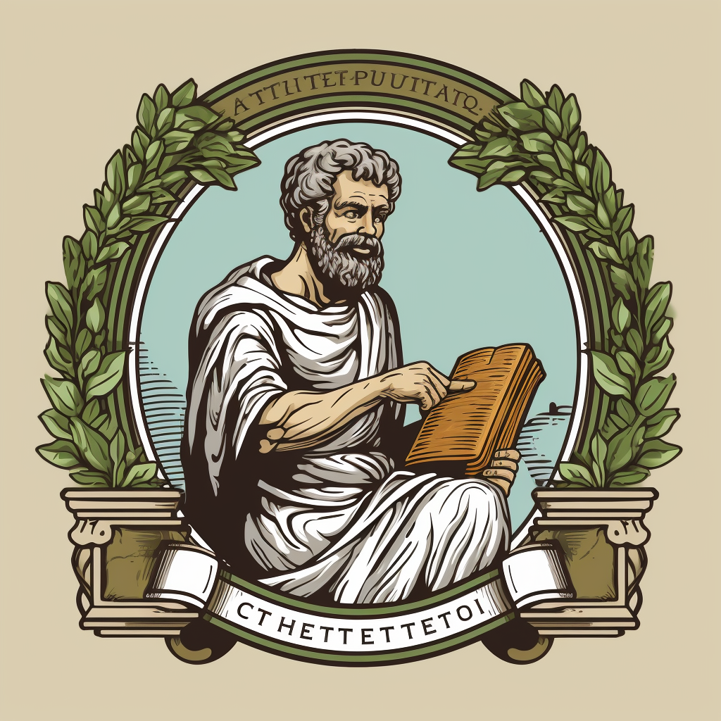 Aristotle holding scroll, advocating critical thinking