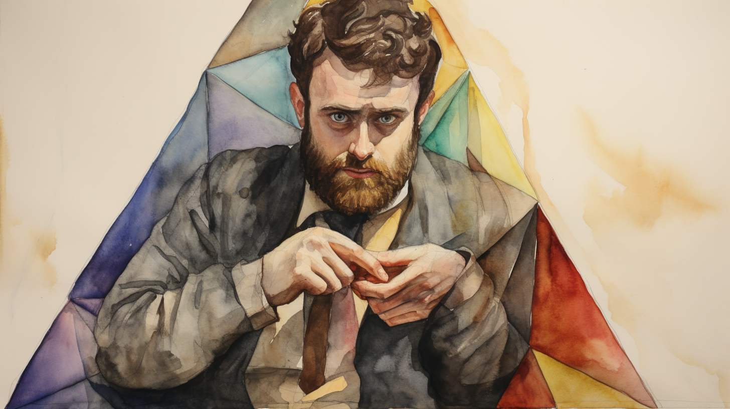 Aristotle holding rhetorical triangle with vibrant watercolor