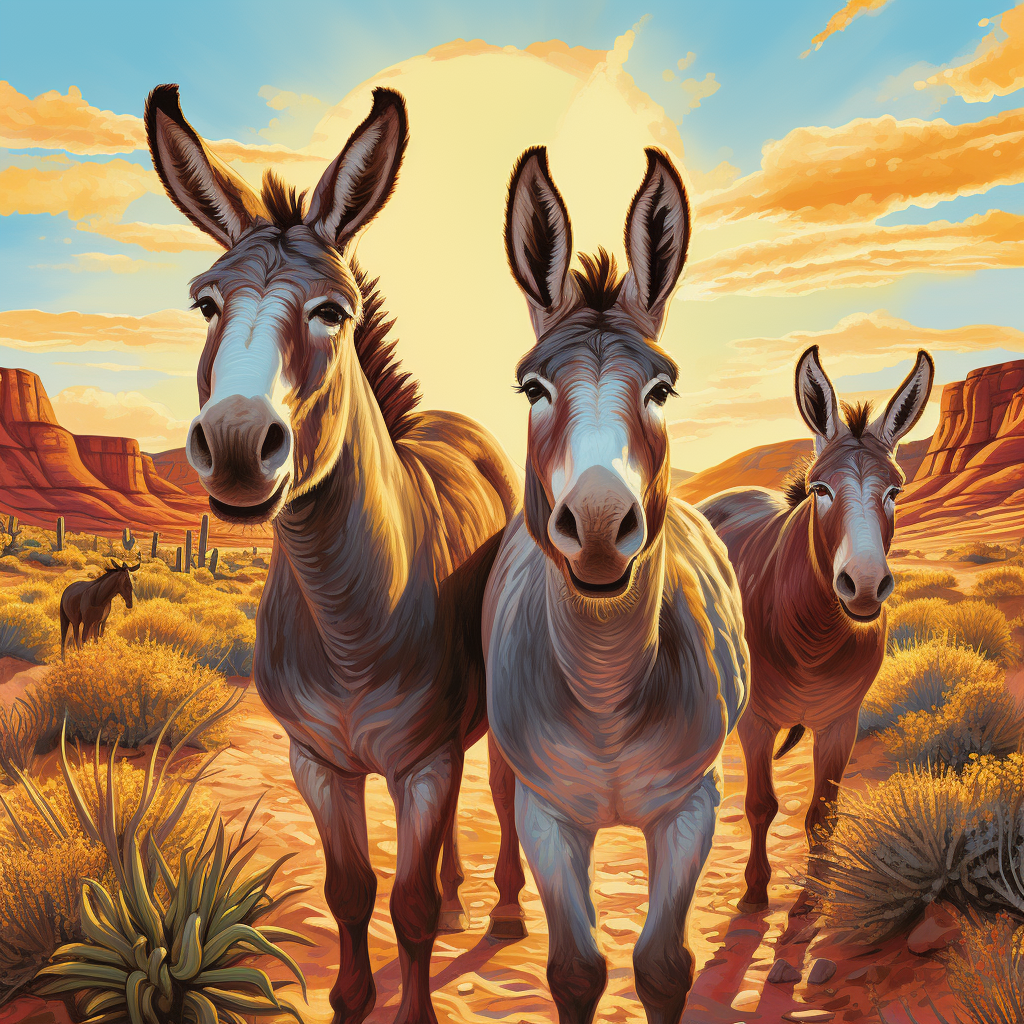 Vibrant illustration of burros in Arizona desert