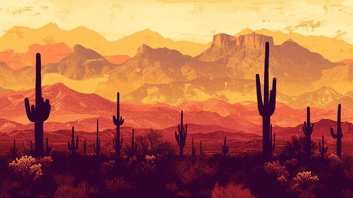 Arizona desert landscape with mountains and sunset