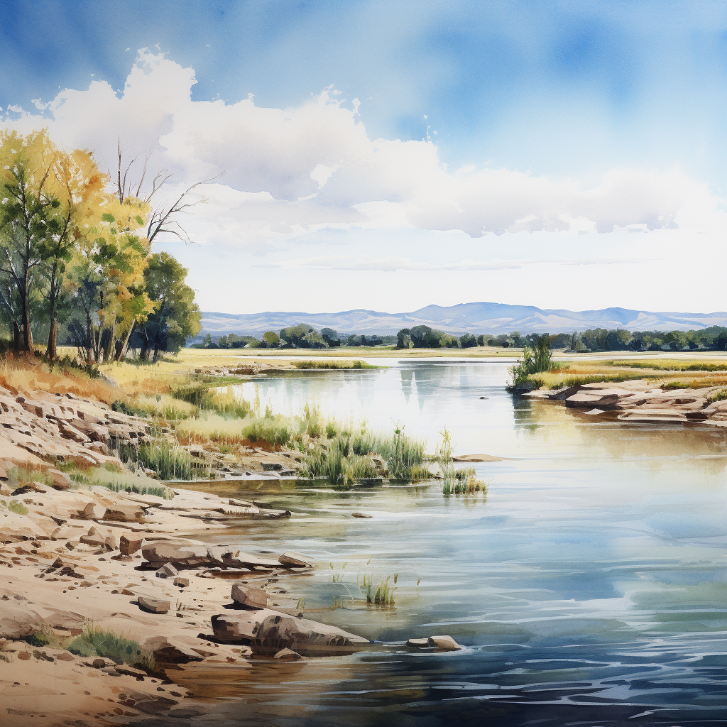 Scenic watercolor painting of the Arkansas River