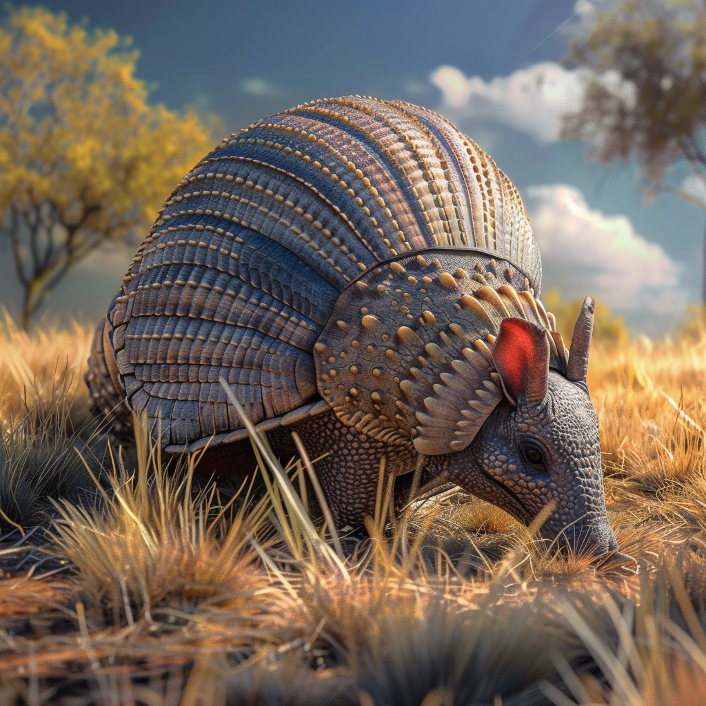 Armadillo curling into ball in grassy field