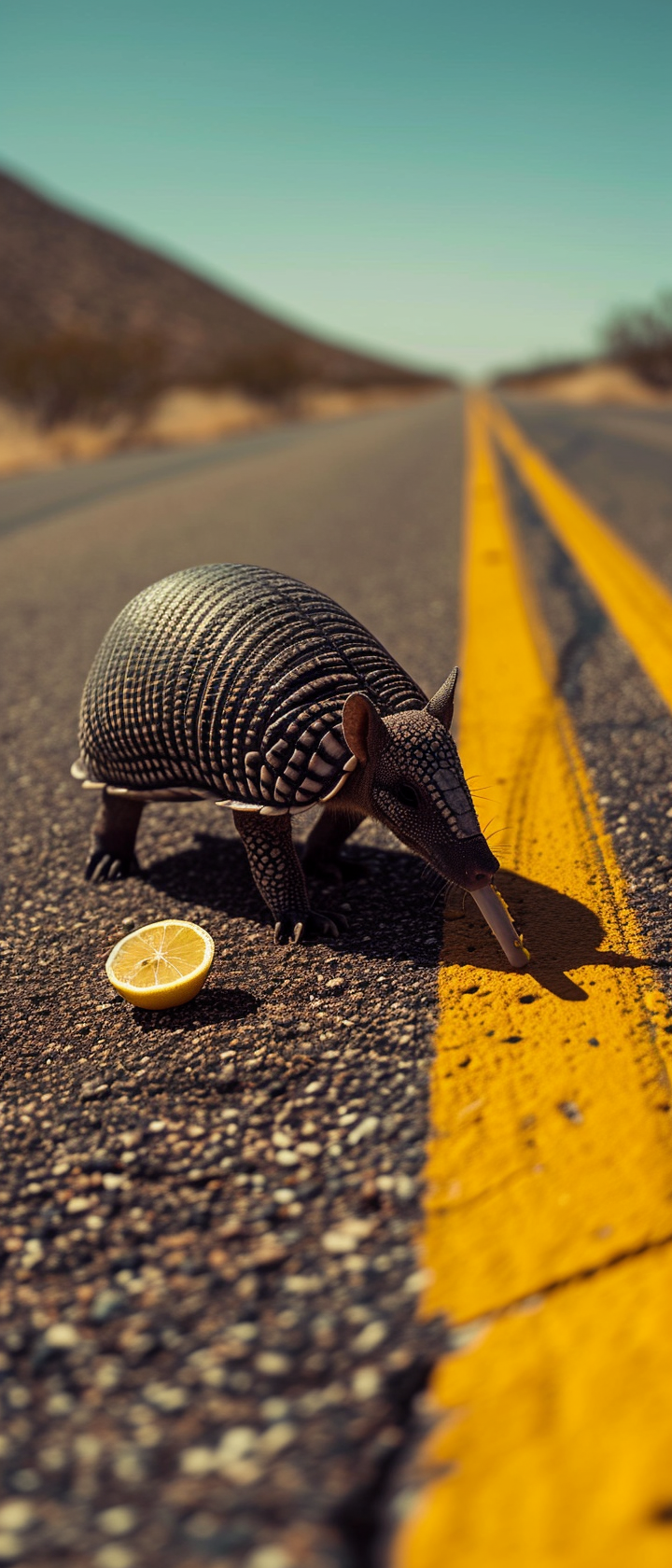 Armadillo enjoying a lemon on a Texas desert highway