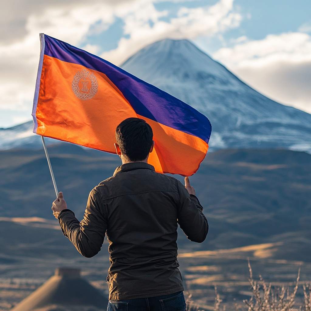 Man with Armenia Flag and Ararat View