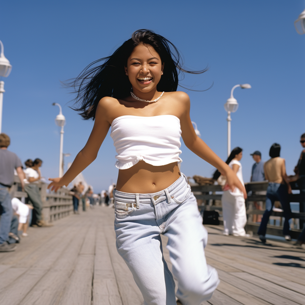 Young girl dancing happily on a sunny California boardwalk