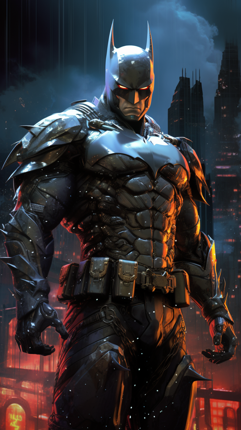 Superhero armored Batman in futuristic Gotham