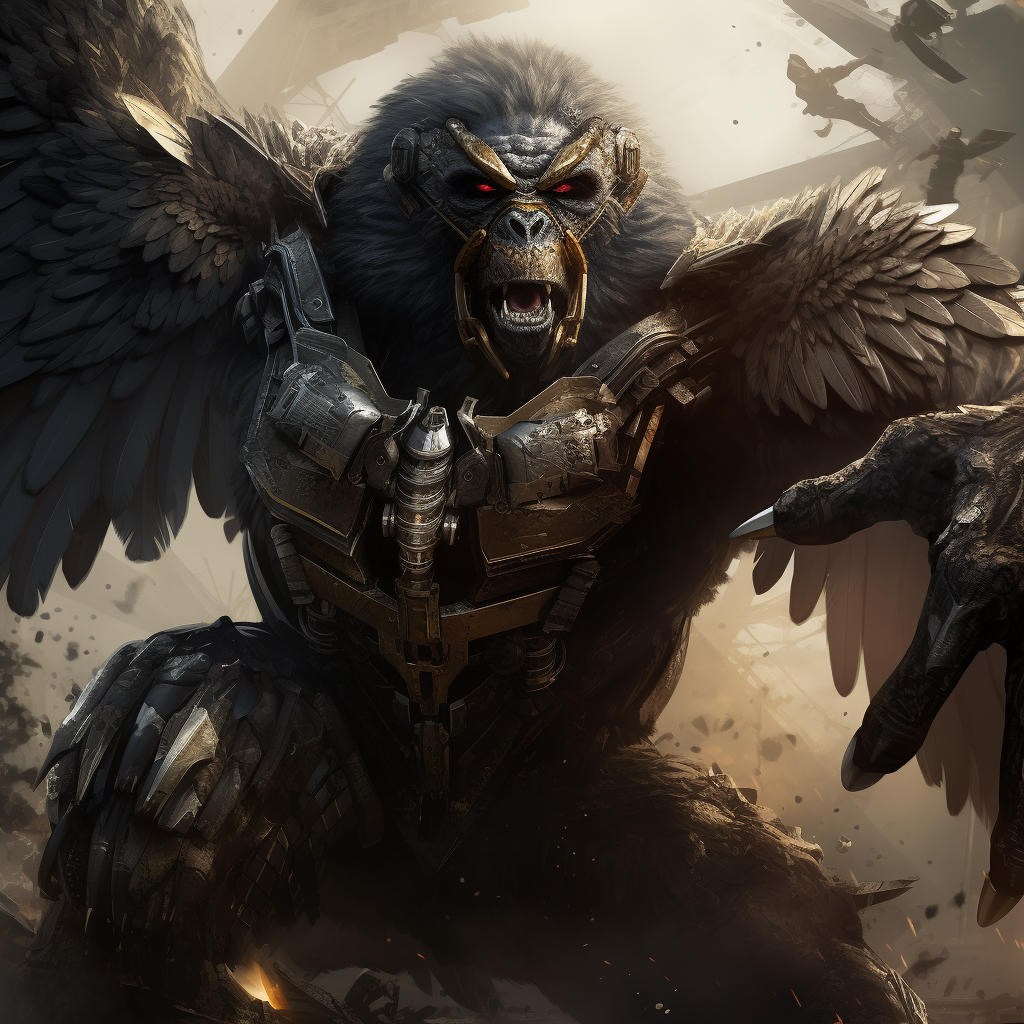 Fierce armored gorilla battling armed eagle