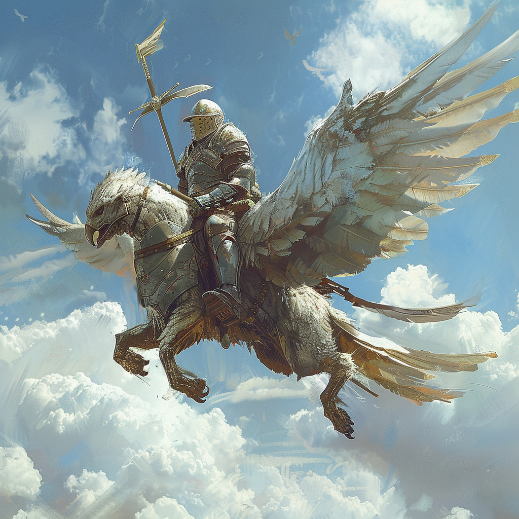 Knight riding armored griffin flying