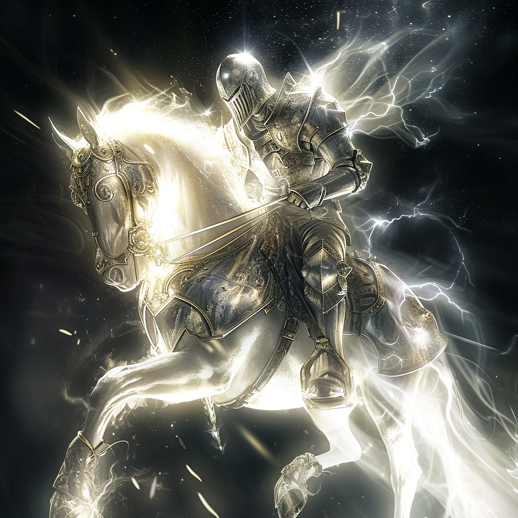 Armored knight on white horse in dynamic pose