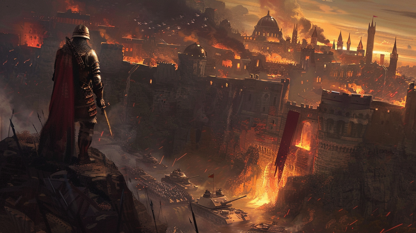 Armored man overlooking burning city