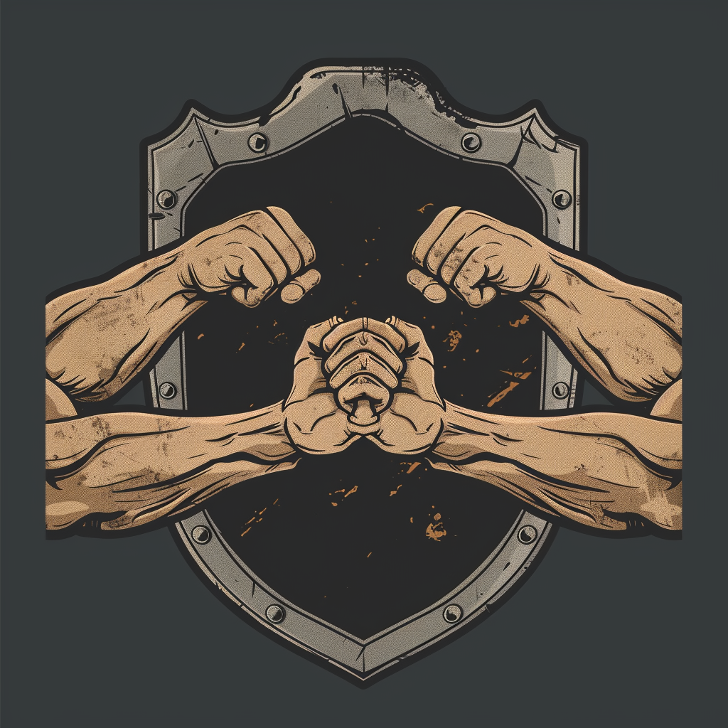 Armwrestling logo with iron shield background