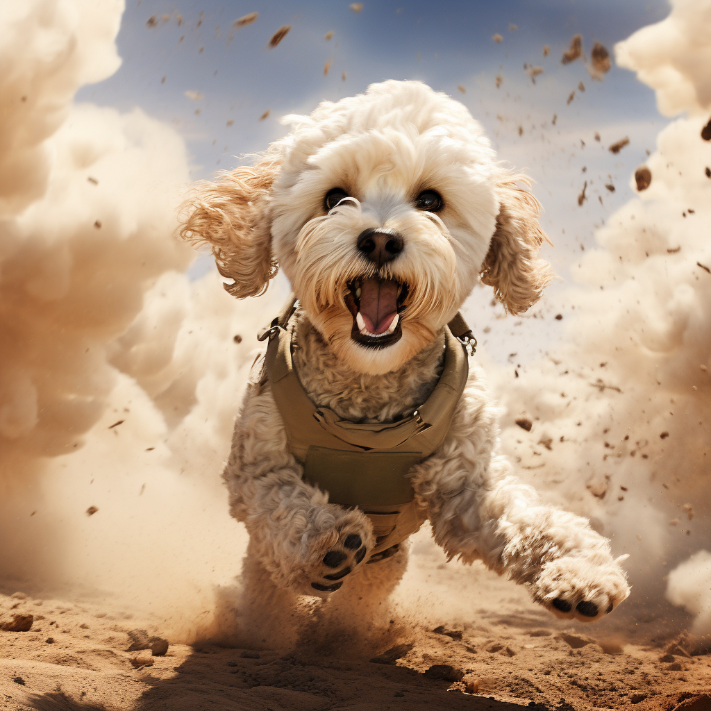 White Cockapoo Dog in Army Fighting