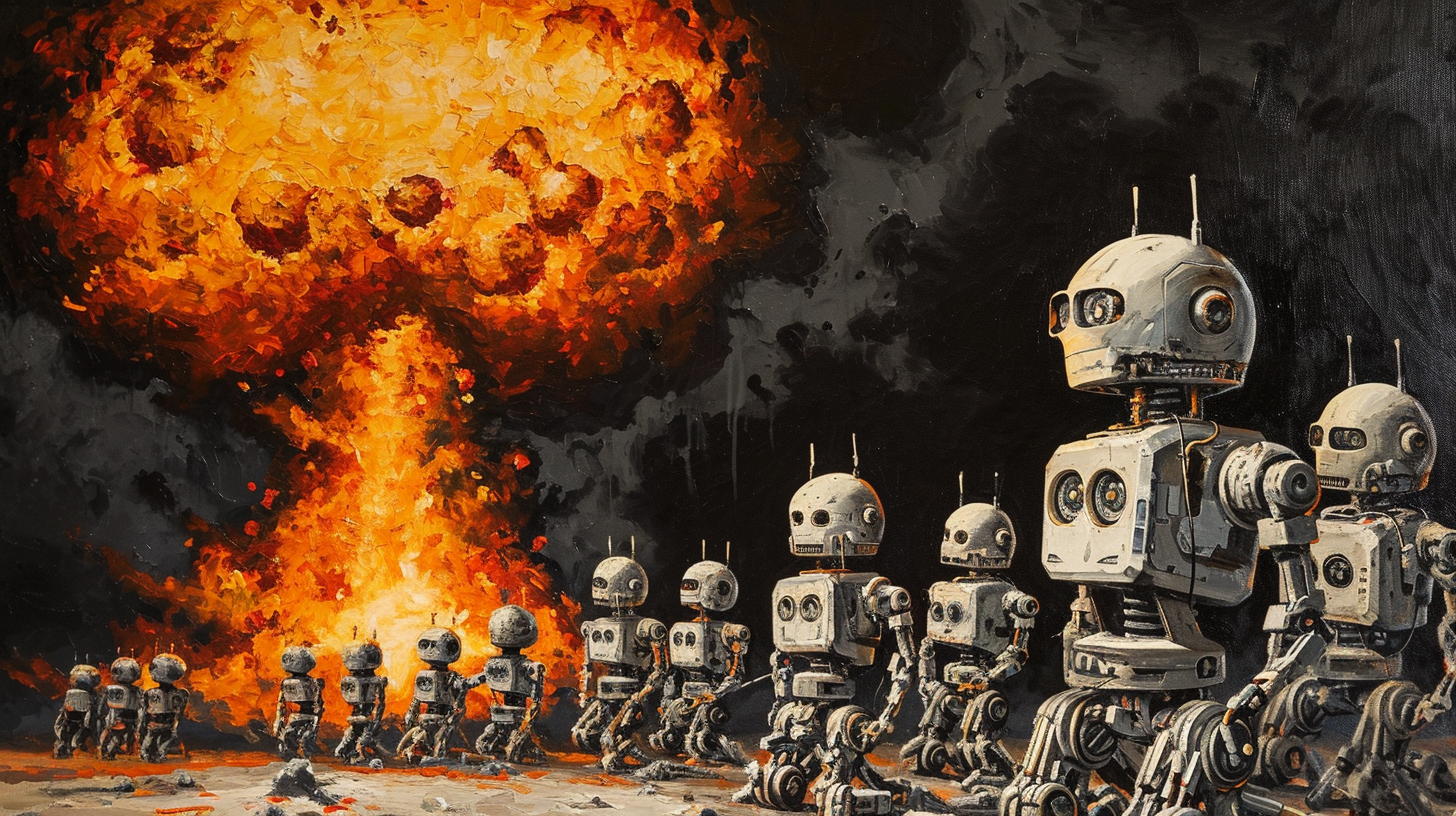 Burning army of broken robots