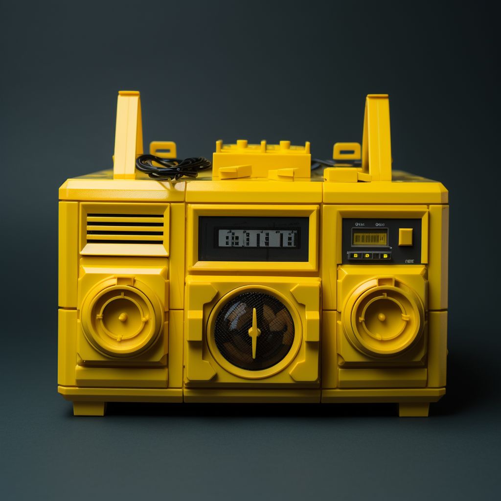 Army radio toy on yellow shelf