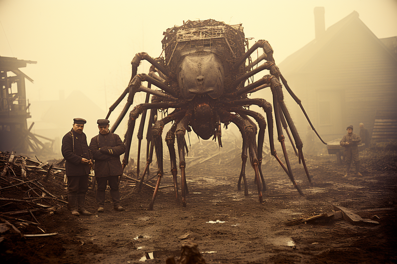 Vintage army men posing with giant dead insect