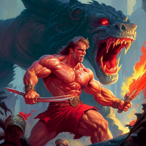 Arnold Schwarzenegger battling a majestic red dragon