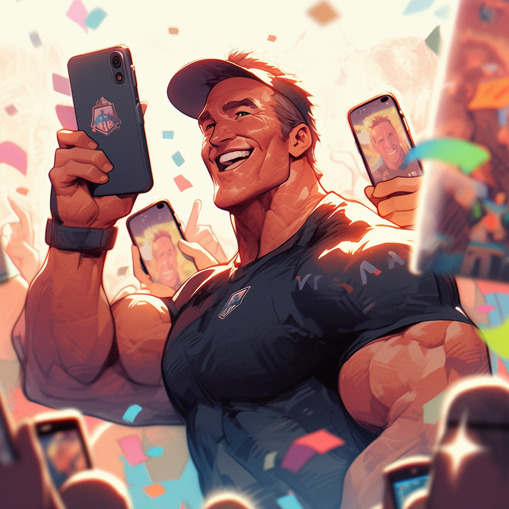 Arnold Schwarzenegger holding iPhone excitedly