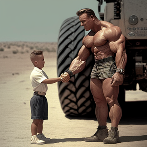 Arnold Schwarzenegger shaking hands with a small guy