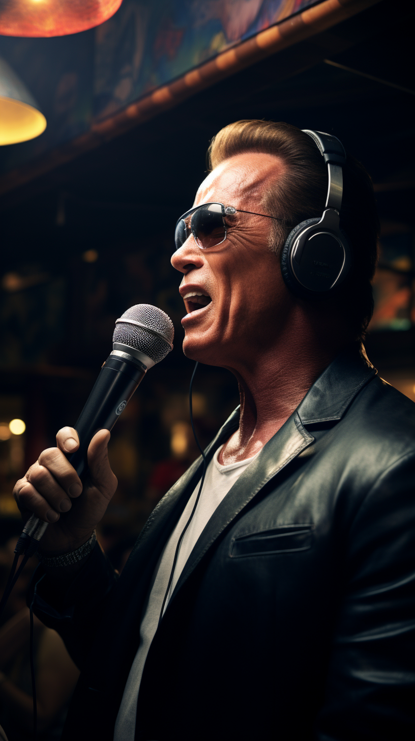 Arnold Schwarzenegger singing karaoke wearing sunglasses at a restaurant