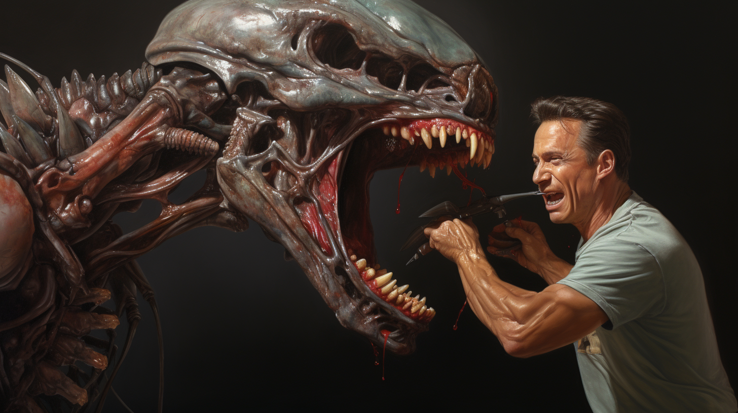 Arnold Schwarzenegger punching a Xenomorph