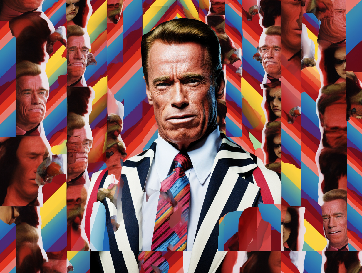 Arnold Schwarzenegger as aristocrat in striped collage