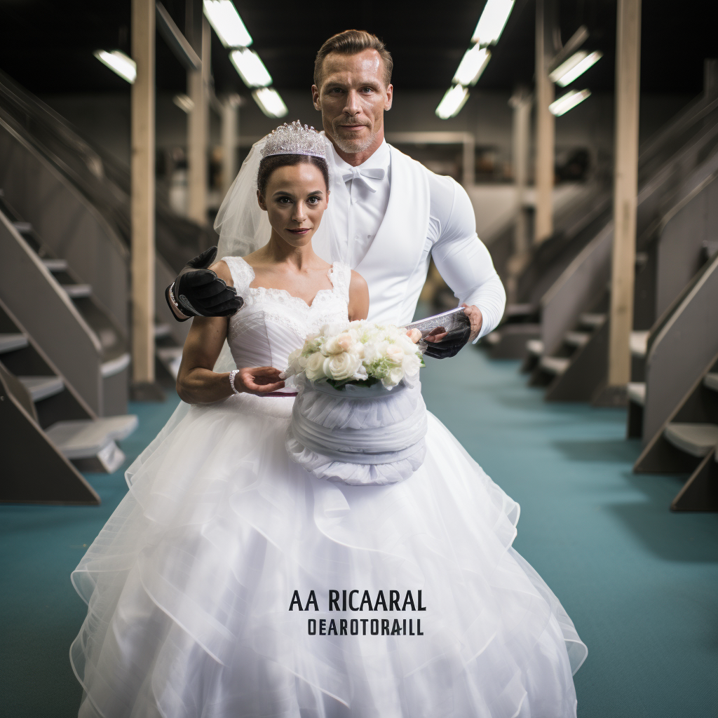 Arnold Swarsenegger in wedding dress holding a book