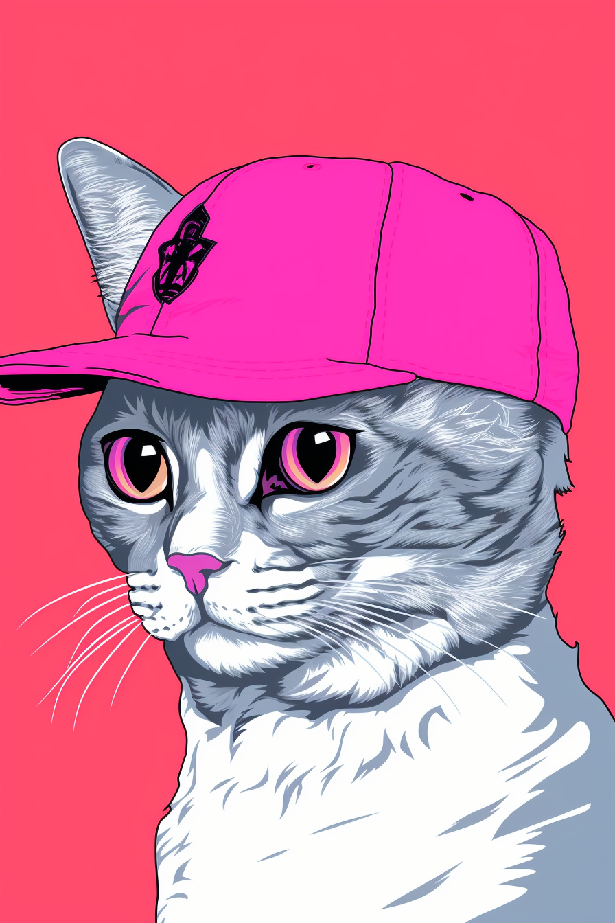 Arrogant cat with baseball cap on pink background