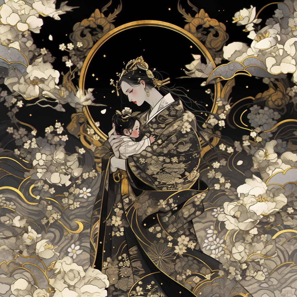 Beautiful Japanese Geisha Holding Her Baby in Black and Gold