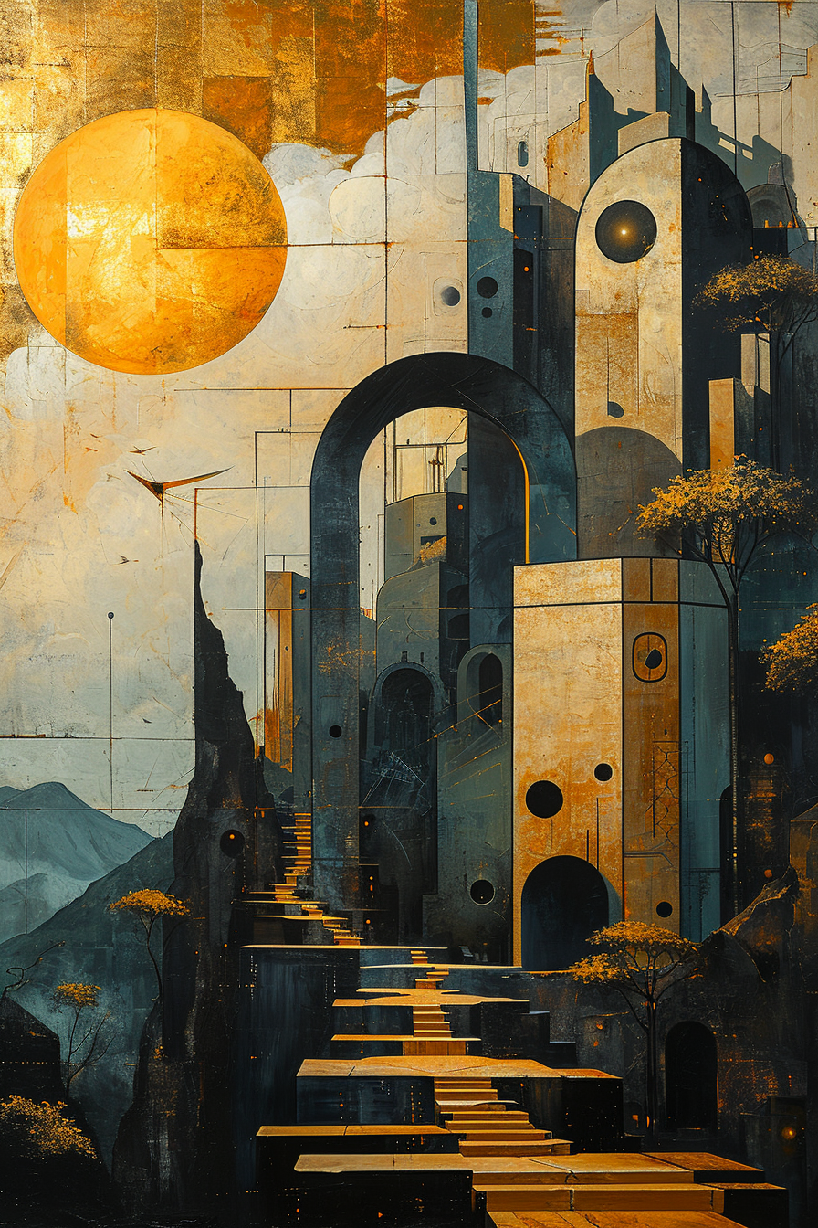 Art Deco urban scene in black and gold