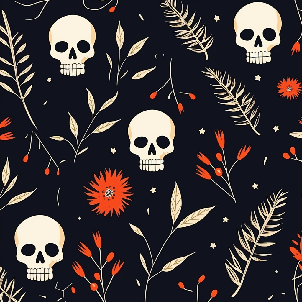 Art Deco Boho Leaves Skulls Pattern