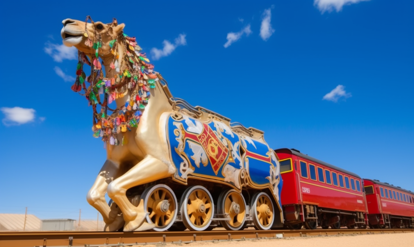 High-Speed Art Deco Camel Locomotive at Desert Station