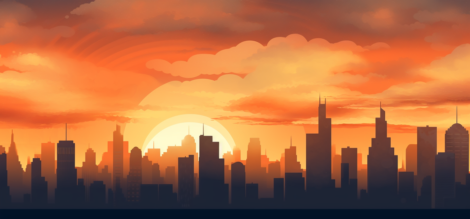 Art Deco cityscape in smooth evening sky