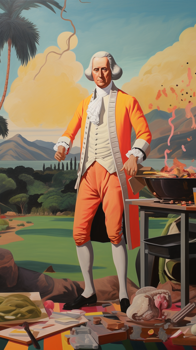 George Washington grilling in backyard party