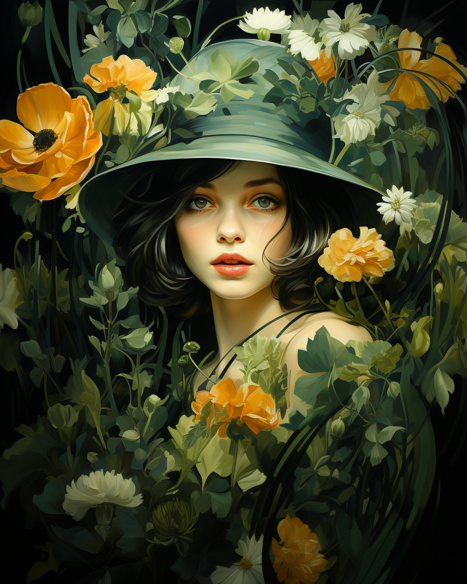 Art Deco Girl with Green Flowers