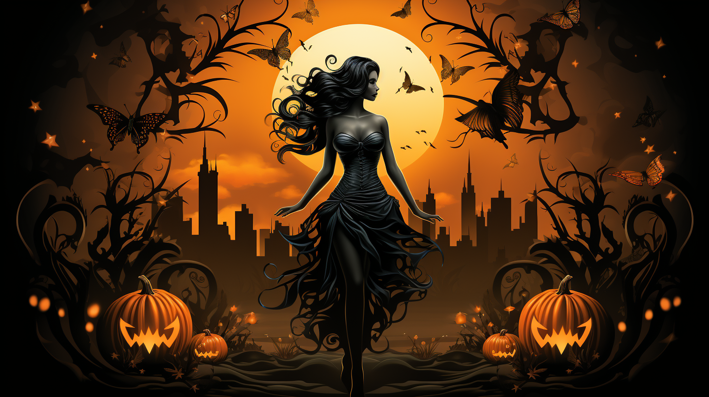 Art Deco Halloween fairy with pumpkin and full moon