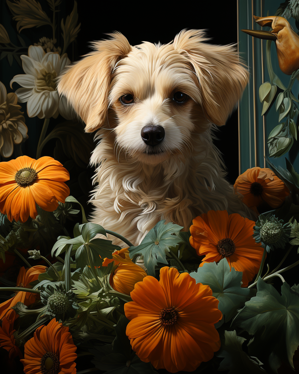 Art Deco puppy surrounded by flowers