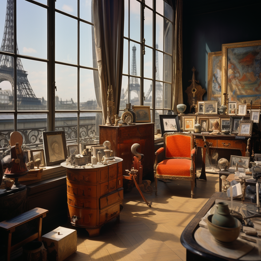 Image of a cluttered Art Deco room with a view of the Louvre in Paris