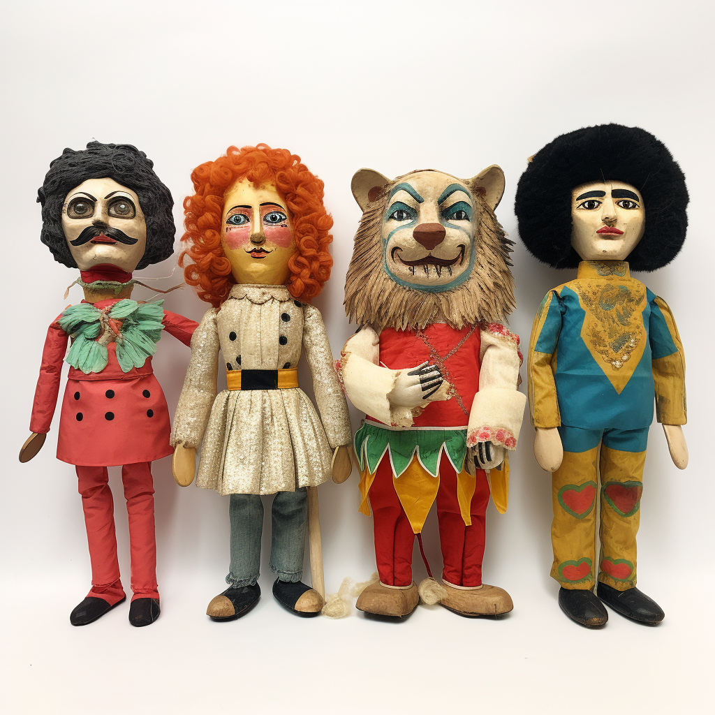 Vibrant circus hand puppets in the 1970s