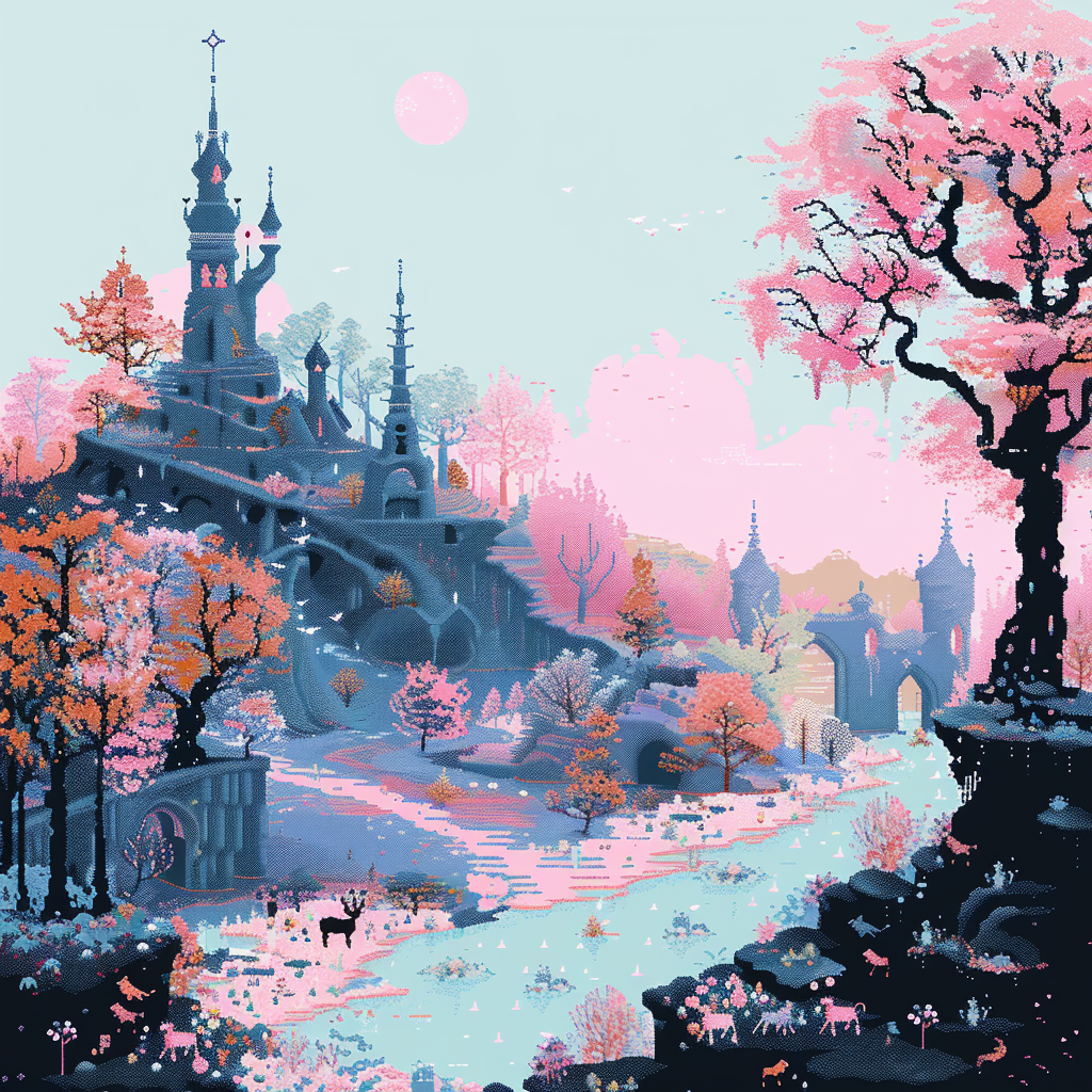 Whimsical fantasy landscape pixel art