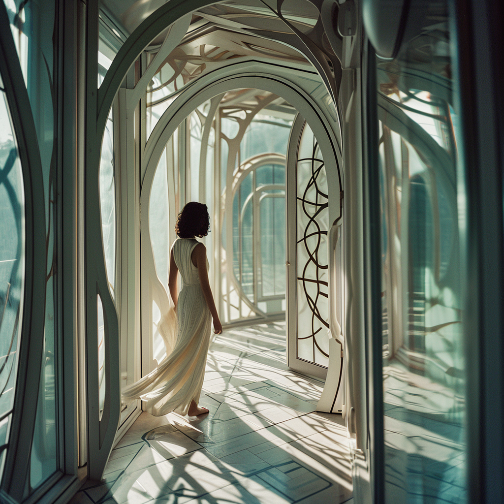 30-year-old woman entering luxury cabin doorway