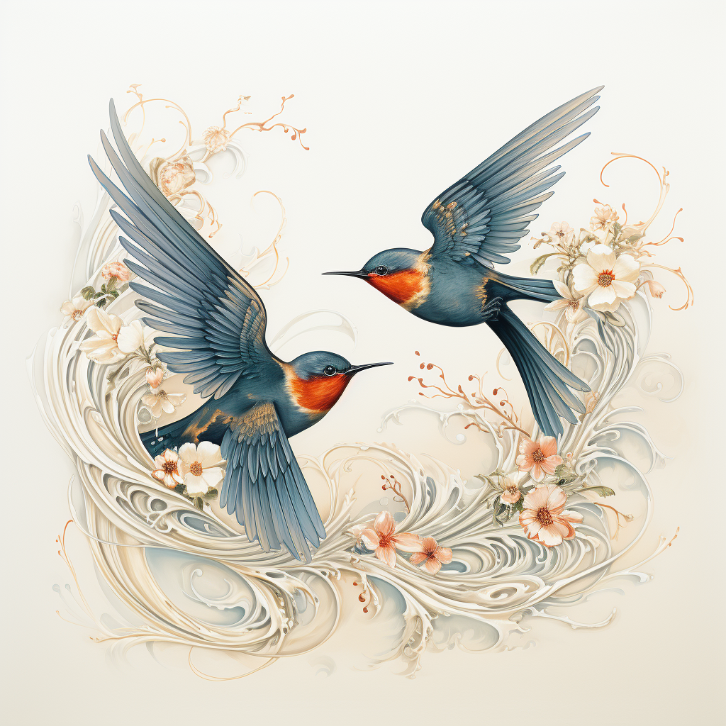 Art Nouveau Swallow Birds Drawing