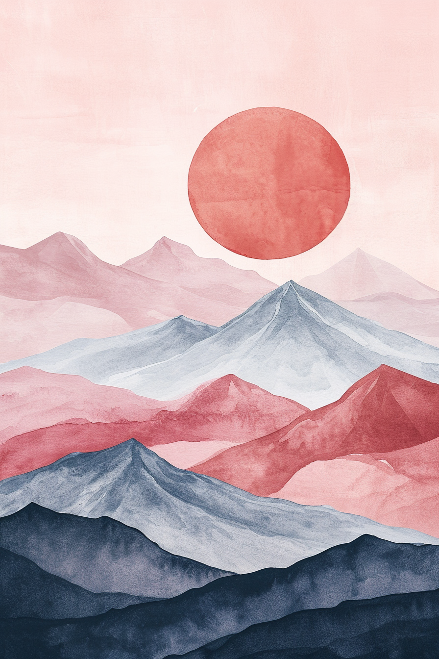 Simple Art Poster with Sun and Mountains