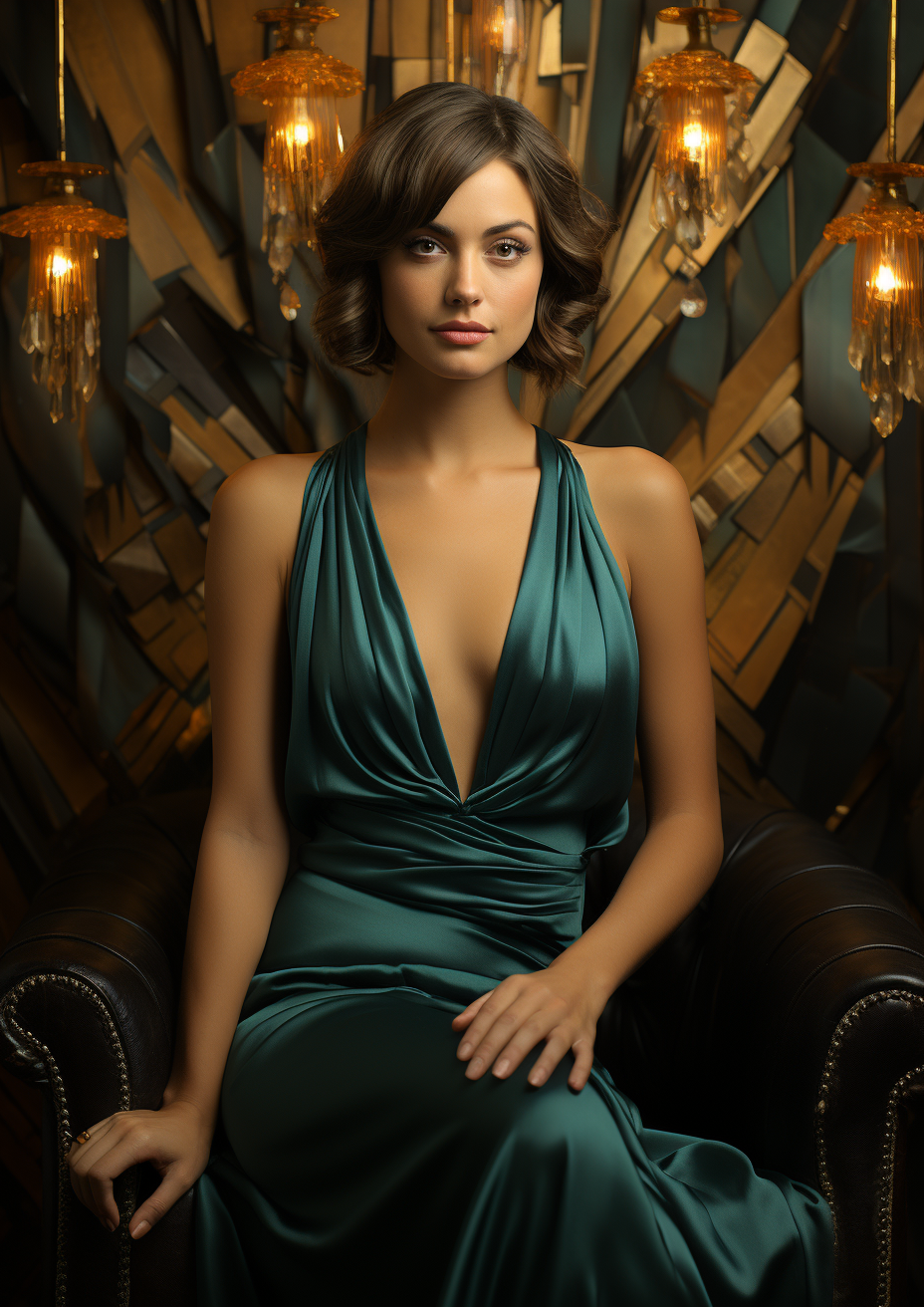 Teal Green Dress in Art Deco Background