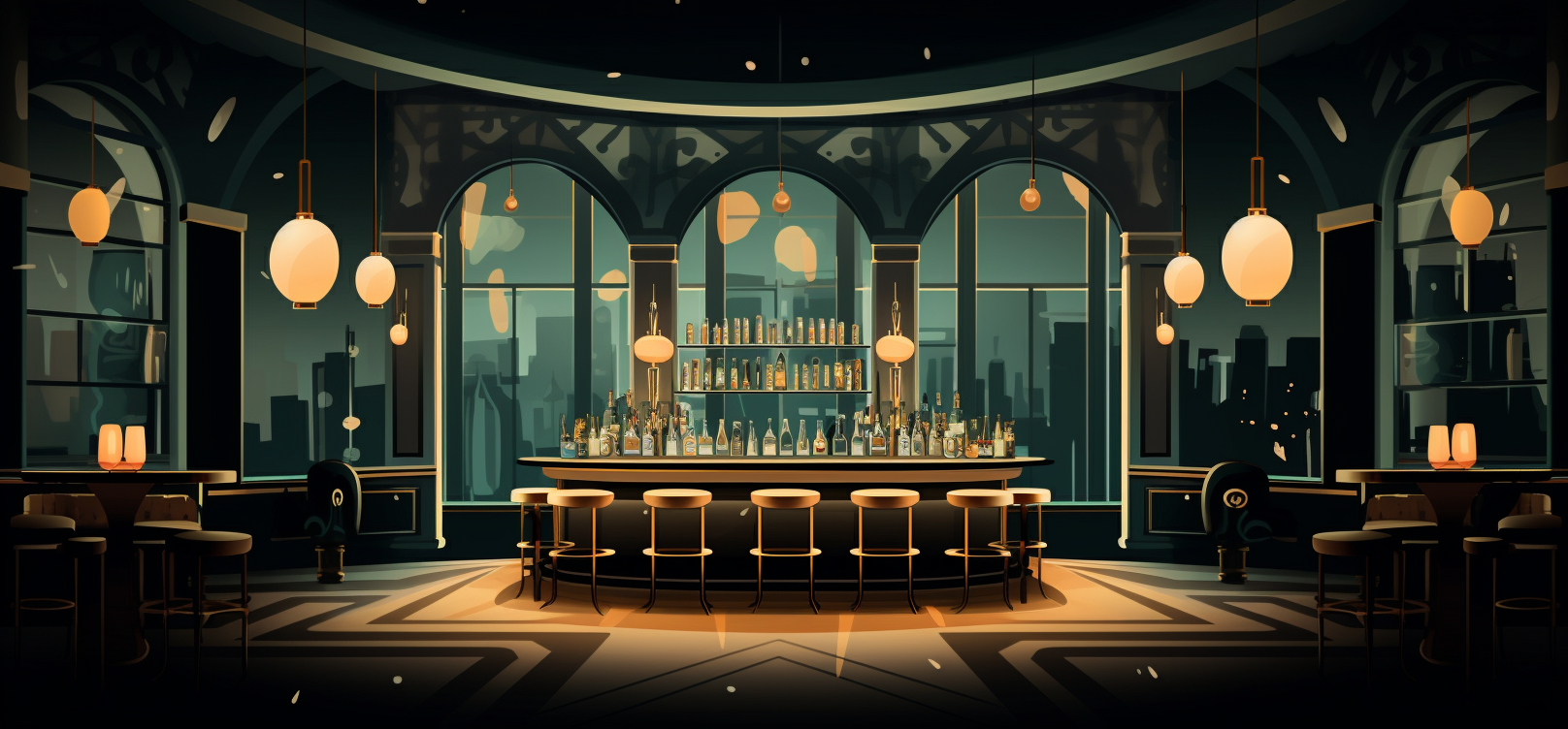 Art Deco speakeasy interior with bar