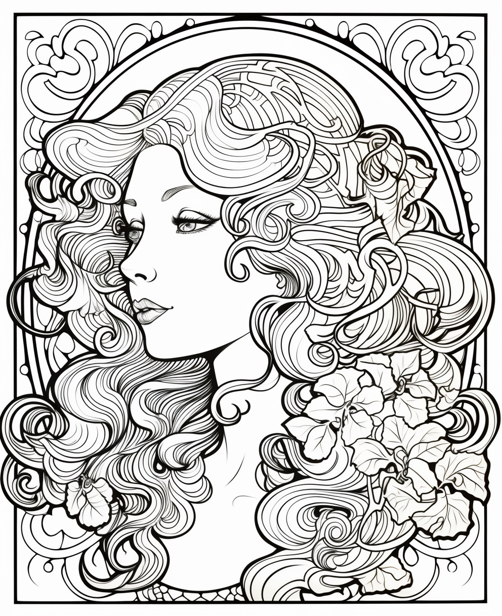 Clean black outline of an Art Nouveau lady